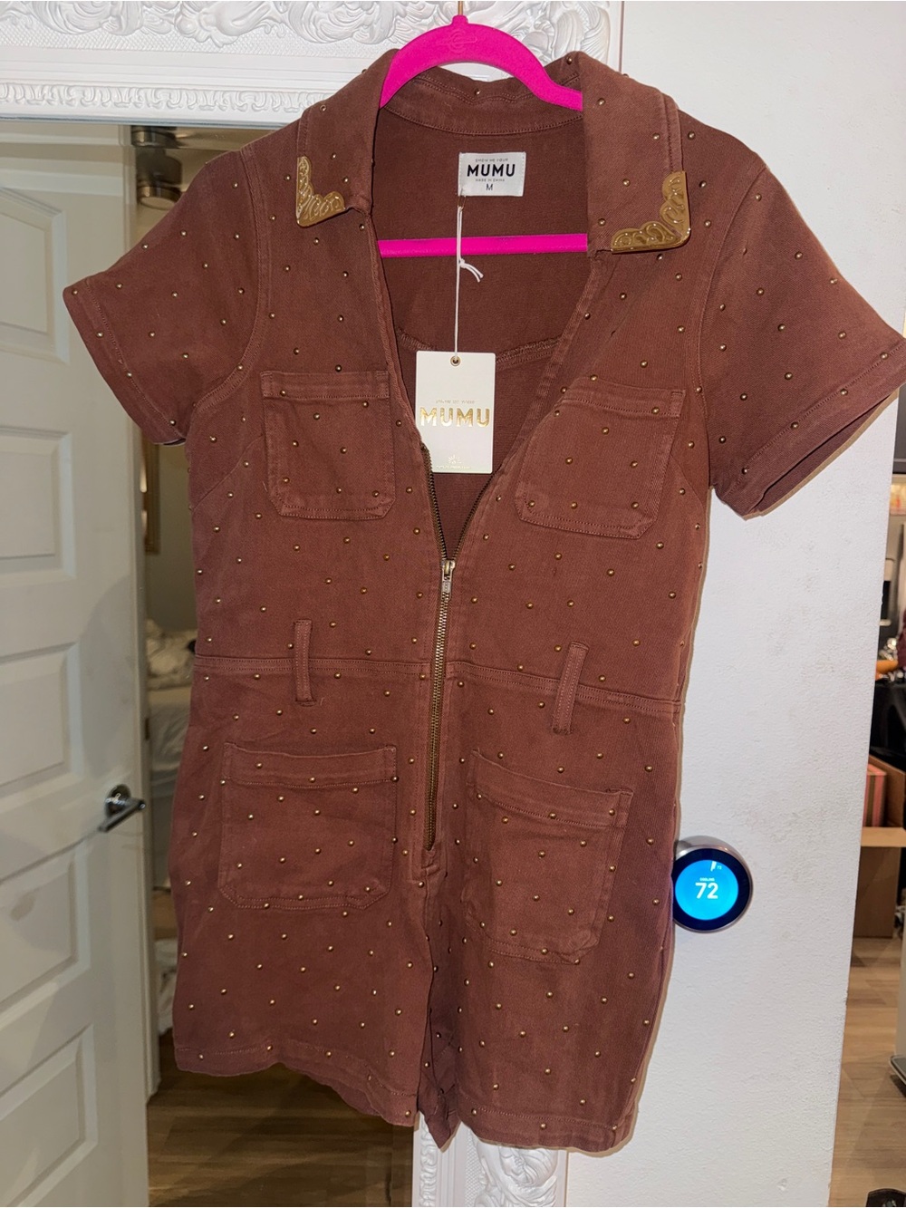 MUMU Western Brown Studded Short Sleeve Romper